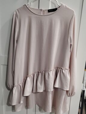 Pale Blush Ruffle-Hem Long Sleeve Dress